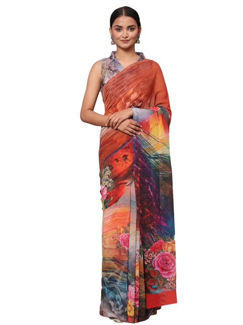 

MISHRI COLLECTION Orange & Pink Floral Pure Georgette Bandhani Saree