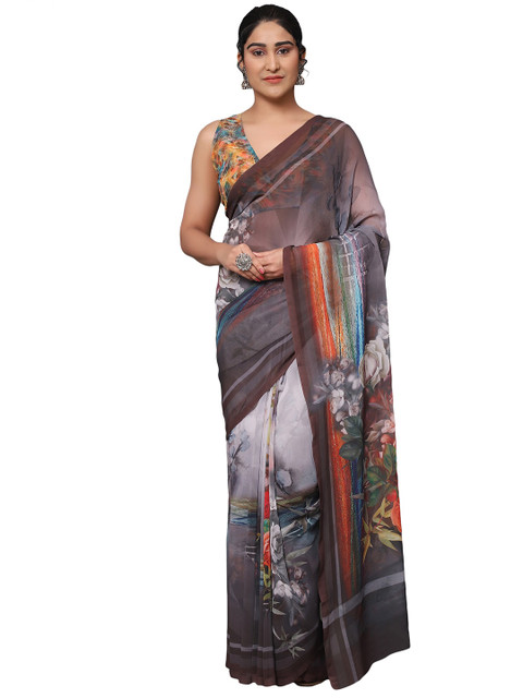 

MISHRI COLLECTION Grey & Blue Floral Pure Georgette Bandhani Saree