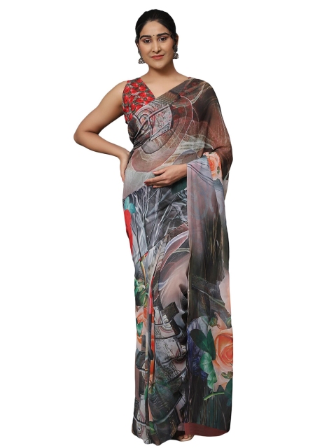 

MISHRI COLLECTION Grey & Red Floral Pure Georgette Bandhani Saree
