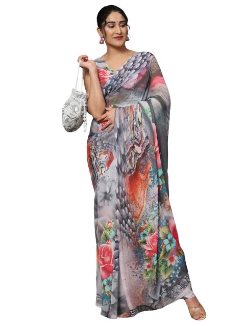 

MISHRI COLLECTION Floral Pure Georgette Saree, White