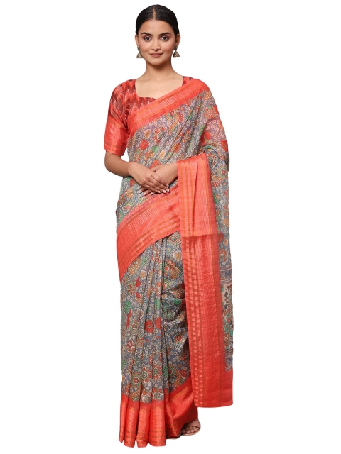 

MISHRI COLLECTION Grey & Orange Floral Bandhani Saree