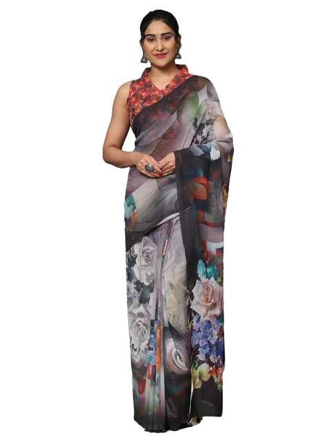 

MISHRI COLLECTION Black & White Floral Pure Georgette Bandhani Saree