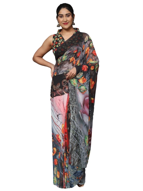 

MISHRI COLLECTION Grey & Purple Floral Pure Georgette Bandhani Saree