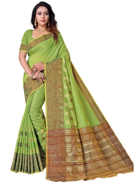 

BAPS Green & Gold-Toned Woven Design Zari Banarasi Saree