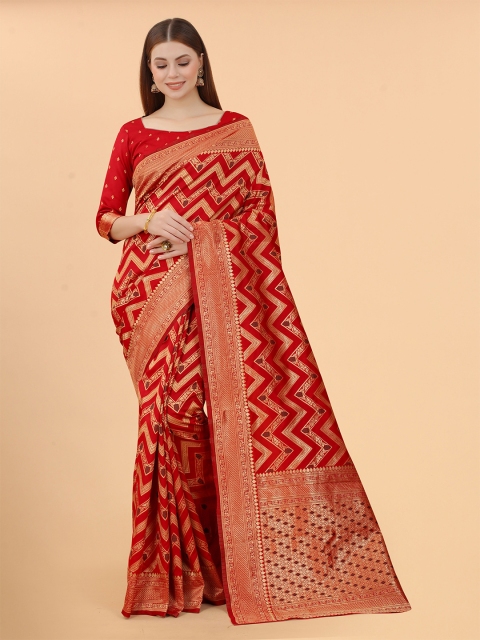 

WELL WORN Women Red & Gold-Toned Woven Design Zari Silk Cotton Banarasi Saree