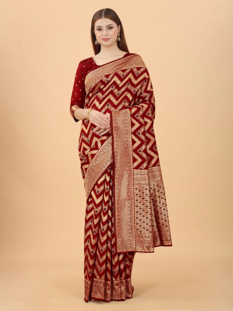 

WELL WORN Maroon & Gold-Toned Woven Design Zari Silk Cotton Banarasi Saree