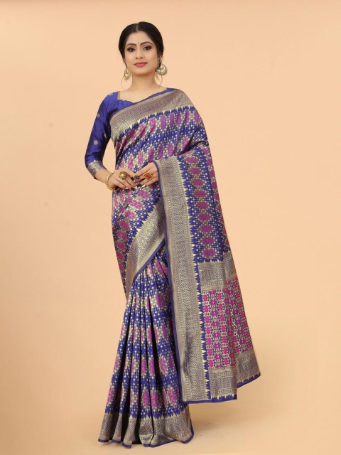

WELL WORN Women Blue & Pink Woven Design Zari Silk Cotton Ready to Wear Banarasi Saree