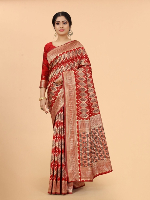 

WELL WORN Red & Gold-Toned Woven Design Zari Silk Cotton Ready to Wear Banarasi Saree