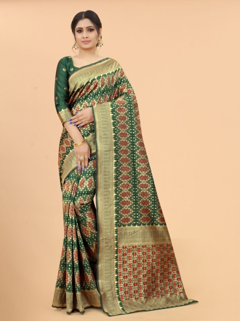 

WELL WORN Women Green & Gold-Toned Woven Design Zari Silk Cotton Banarasi Saree
