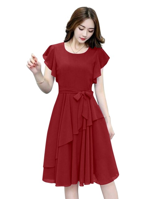 

APNISHA Red Solid Georgette Fit and Flare Dress