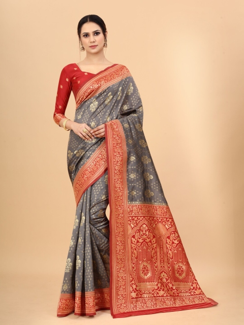 

WELL WORN Women Grey & Red Zari Silk Cotton Ready to Wear Banarasi Saree Blouse piece