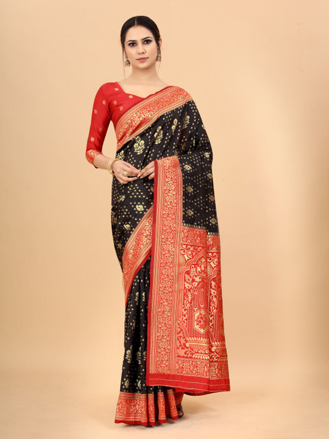

WELL WORN Black & Red Woven Design Zari Silk Cotton Ready to Wear Banarasi Saree