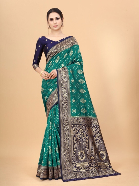

WELL WORN Green & Blue Woven Design Zari Silk Cotton Ready to Wear Banarasi Saree