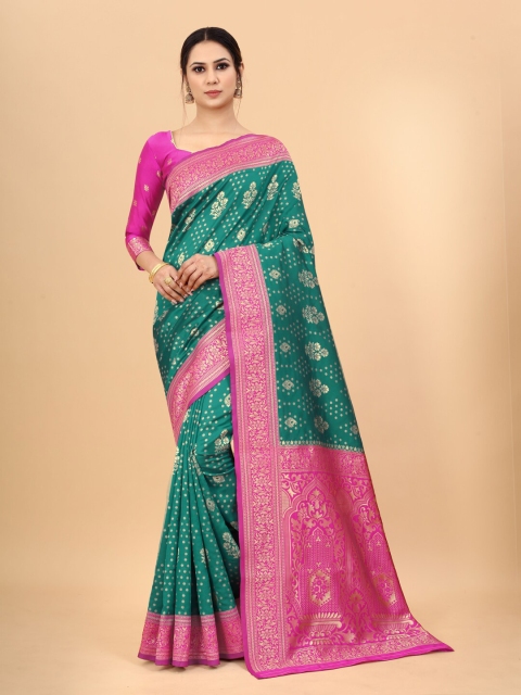 

WELL WORN Green & Pink Woven Design Zari Silk Cotton Ready to Wear Banarasi Saree