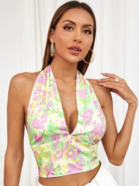 

MERCHE Purple Floral Print Halter Neck Crop Top