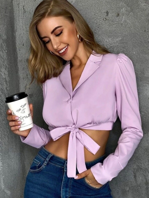 

MERCHE Purple Shirt Style Crop Cotton Top