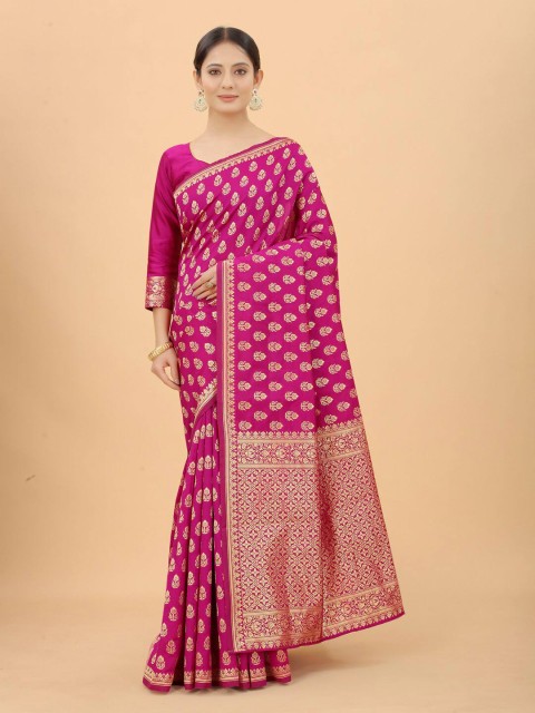 

WELL WORN Pink & Gold-Toned Woven Design Zari Silk Cotton Ready to Wear Banarasi Saree