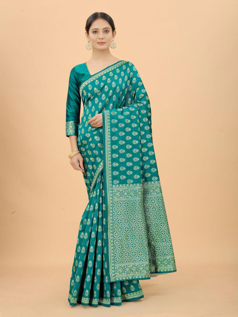 

WELL WORN Turquoise Blue & Gold-Toned Ethnic Motifs Zari Silk Cotton Banarasi Saree