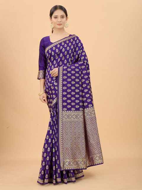 

WELL WORN Purple & Gold-Toned Woven Design Zari Silk Cotton Ready to Wear Banarasi Saree