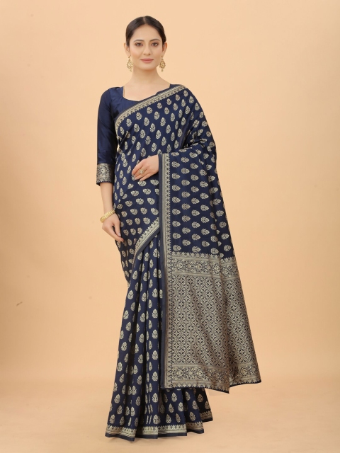 

WELL WORN Navy Blue & Gold-Toned Woven Design Zari Silk Cotton Banarasi Saree