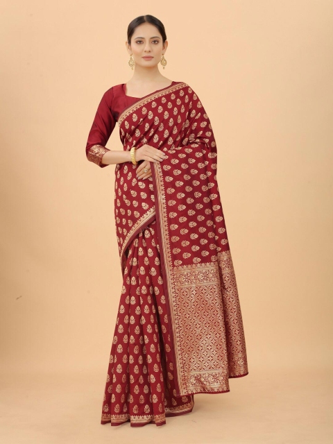 WELL WORN Women Maroon & Gold-Toned Woven Design Zari Silk Cotton Banarasi Saree