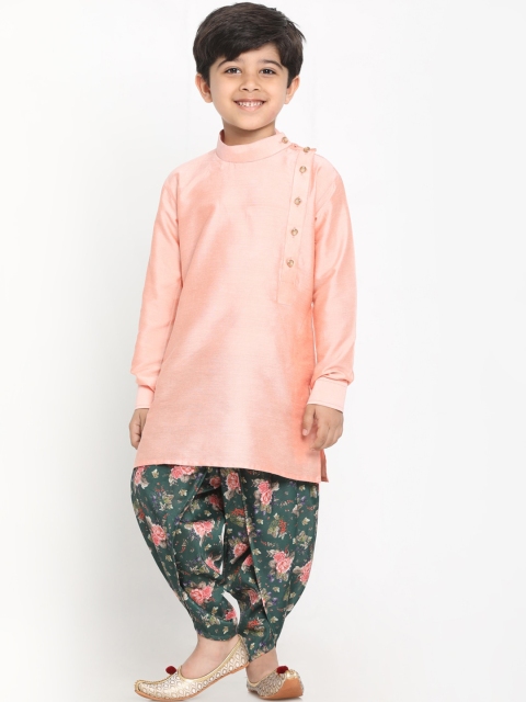 

VASTRAMAY Boys Pink, Green Solid Kurta with Floral Printed Dhoti Pants