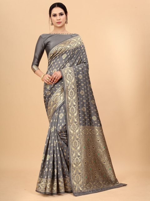 

WELL WORN women Grey & Gold-Toned Zari Silk Cotton Banarasi Saree & blouse pce