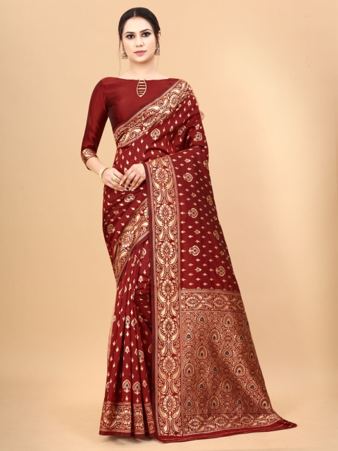 

WELL WORN Women Maroon & Gold-Toned Woven Design Zari Silk Cotton Banarasi Saree