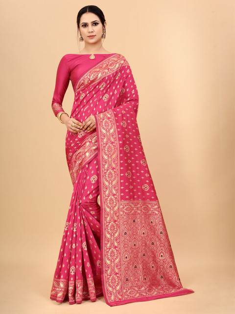 

WELL WORN Pink & Gold-Toned Ethnic Motifs Zari Silk Cotton Banarasi Saree