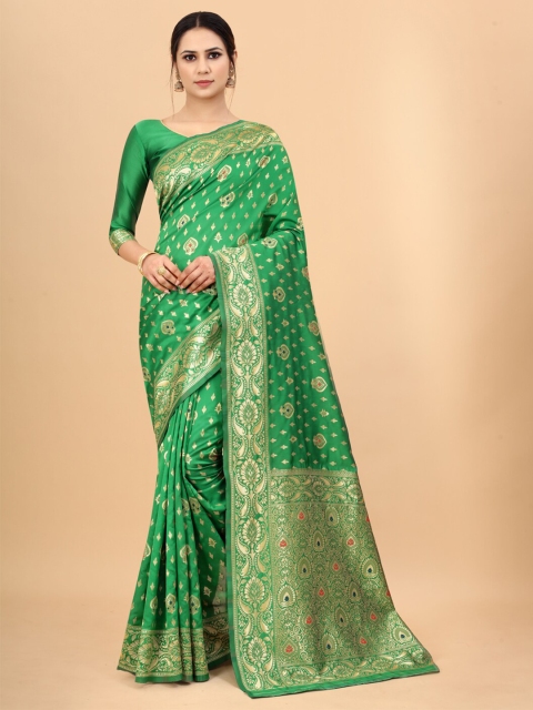 

WELL WORN Women Green & Gold-Toned Ethnic Motifs Zari Silk Cotton Banarasi Saree