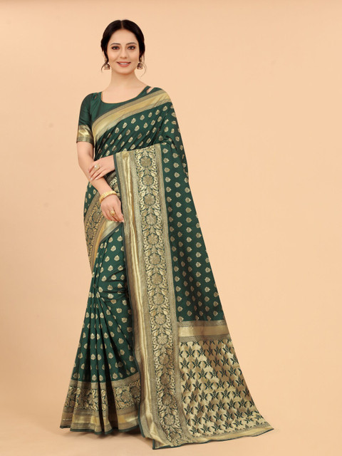 

WELL WORN Green & Gold-Toned Woven Design Zari Silk Cotton Ready to Wear Banarasi Saree