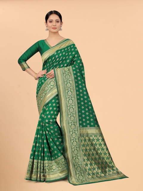 

WELL WORN Green & Gold-Toned Woven Design Zari Silk Cotton Banarasi Saree