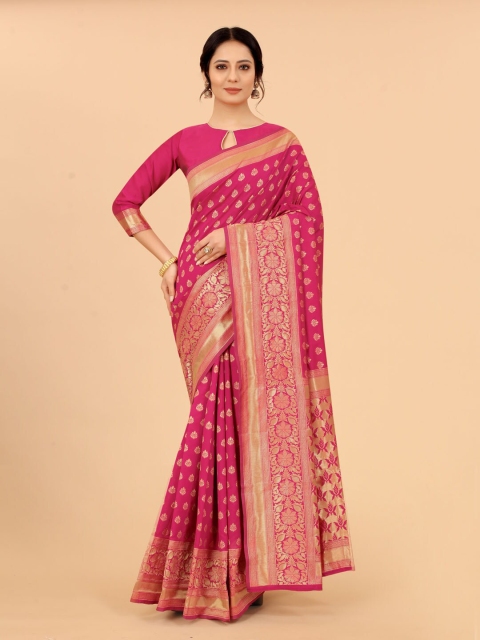 

WELL WORN Magenta & Gold-Toned Woven Design Zari Silk Cotton Ready to Wear Banarasi Saree
