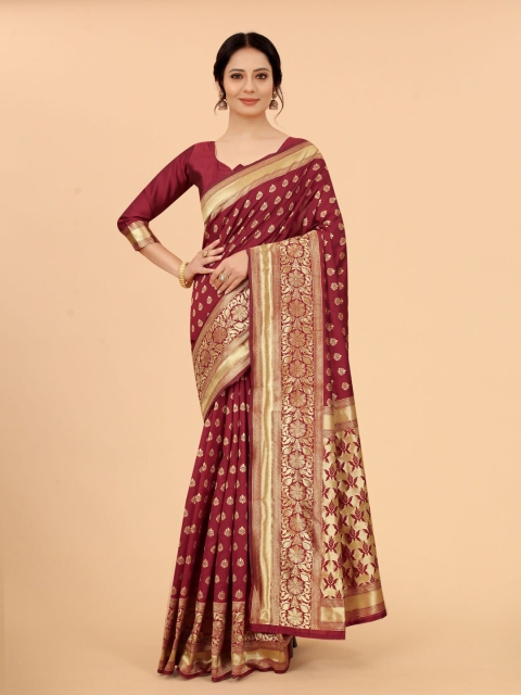 

WELL WORN Maroon & Gold-Toned Ethnic Motifs Zari Silk Cotton Banarasi Saree