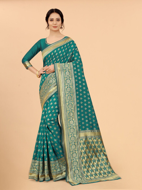 

WELL WORN Green & Gold-Toned Woven Design Zari Silk Cotton Ready to Wear Banarasi Saree