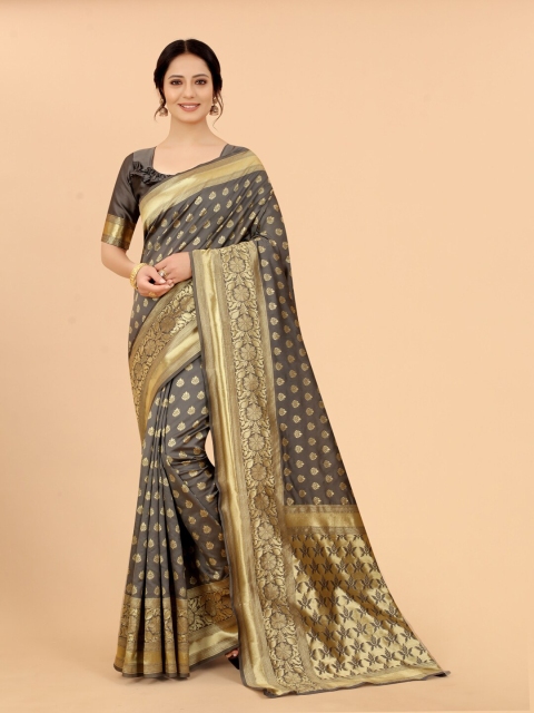 

WELL WORN Grey & Gold-Toned Woven Design Zari Silk Cotton Ready to Wear Banarasi Saree