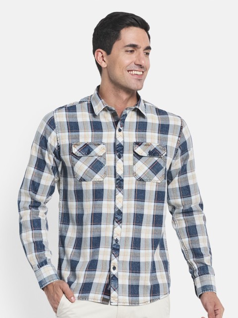

METTLE Men White, Blue Checked Casual Shirt