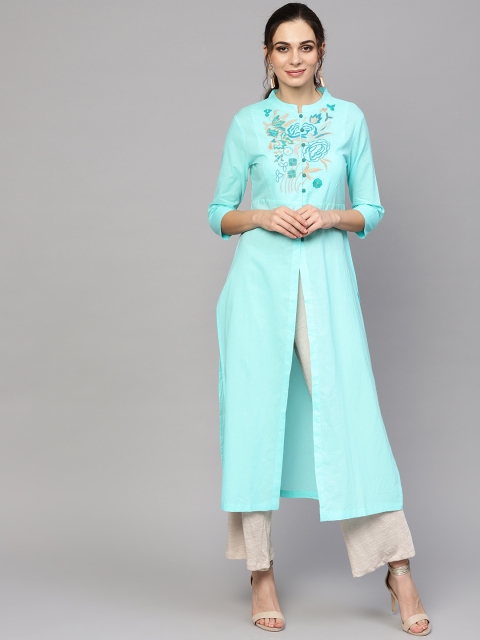 

SASSAFRAS Women Blue Yoke Design Straight Kurta