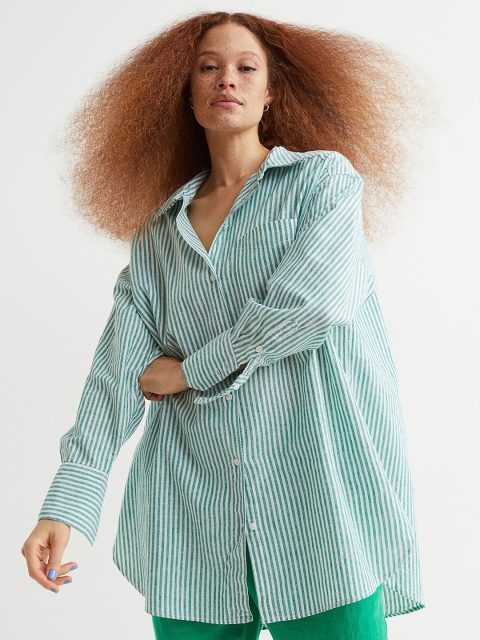 

H&M Women Green Oversized Linen-Blend Shirt