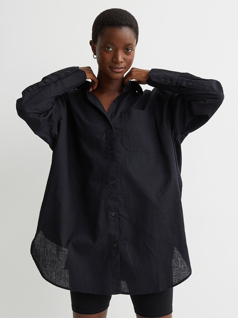 

H&M Women Black Solid Oversized Linen-Blend Shirt