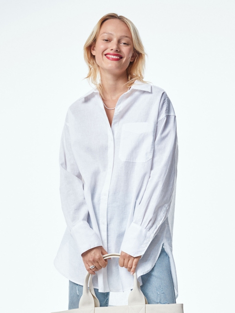 

H&M Women White Oversized Linen-Blend Shirt