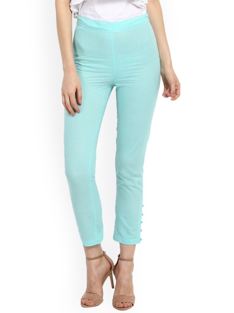 

SASSAFRAS Women Turquoise Blue Smart Slim Fit Semi-Sheer Solid Cigarette Trousers