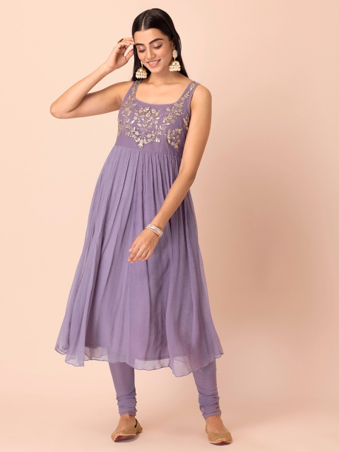 

INDYA Women Lavender Floral Yoke Design Pleated Gotta Patti Kurta with Churidar