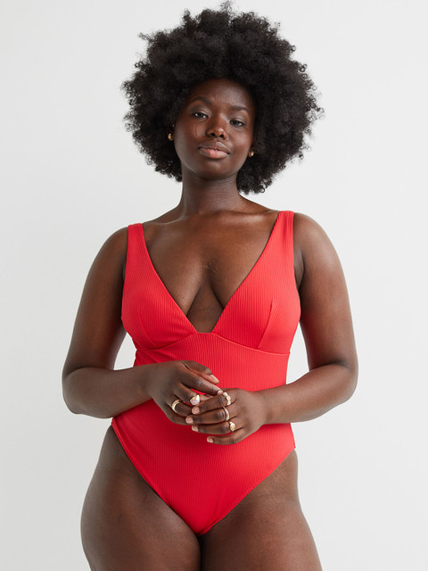 

H&M Women Red High Leg Ribbed Swimsuit