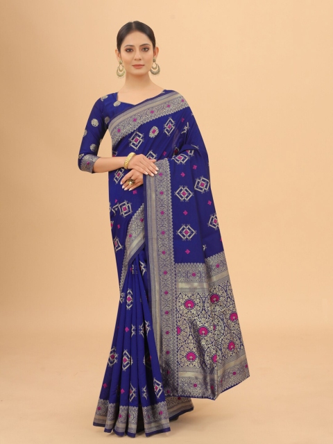 

WELL WORN Blue & Gold-Toned Woven Design Zari Silk Cotton Ready to Wear Banarasi Saree