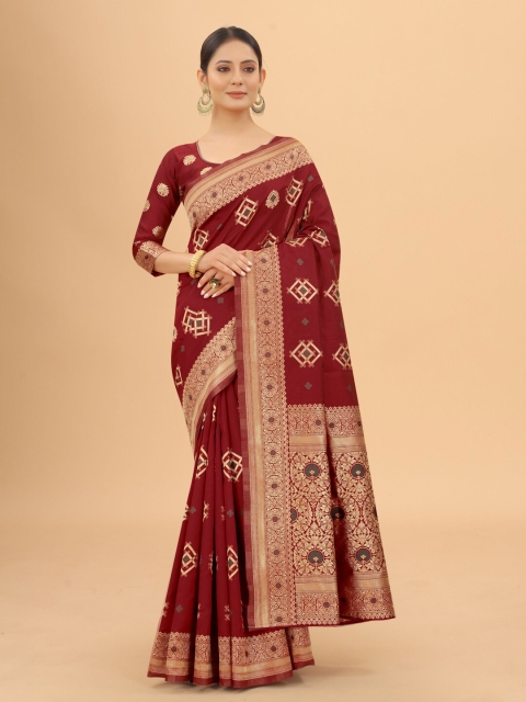 

WELL WORN Maroon & Gold-Toned Ethnic Motifs Zari Silk Cotton Banarasi Saree