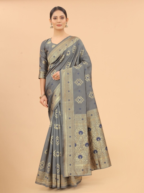 

WELL WORN Grey & Gold-Toned Woven Design Zari Silk Cotton Saree