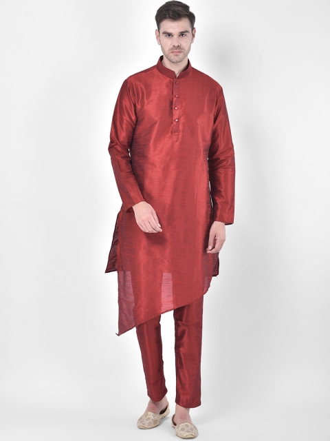 

SG RAJASAHAB Men Maroon Layered Raw Silk Kurta with Churidar set