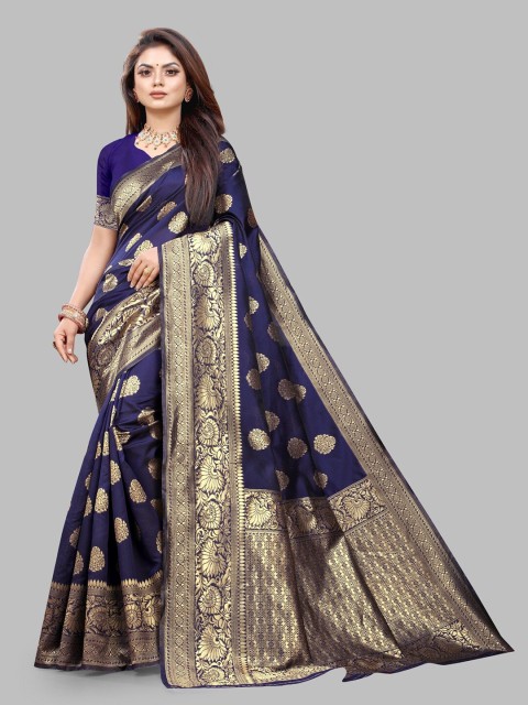 

Hinayat Fashion Blue & Gold-Toned Woven Design Zari Silk Blend Banarasi Saree