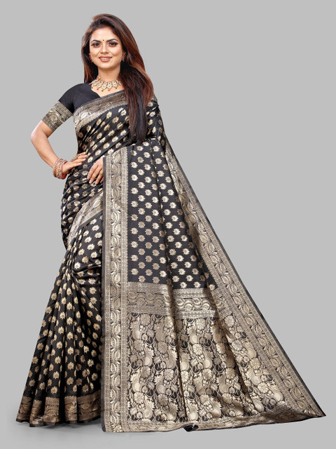 

Hinayat Fashion Black & Gold-Toned Woven Design Zari Silk Blend Banarasi Saree